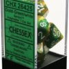 DICE (CHESSEX) #26425: Gemini Gold/Green with White numbers (7 Piece Set)