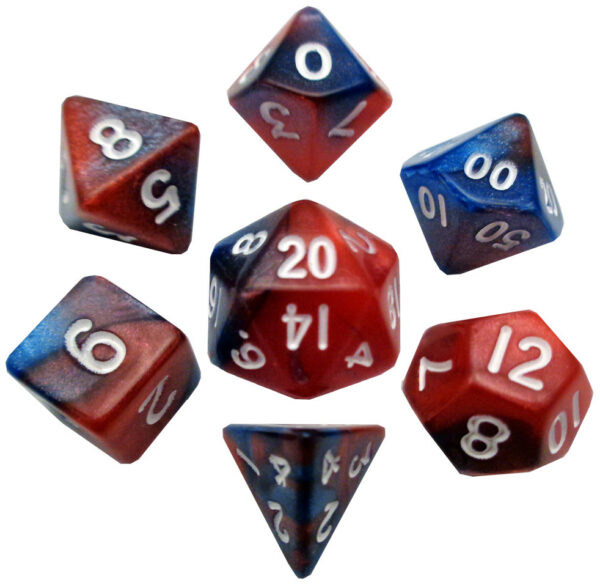 DICE (MDG) #412: Red/Blue with White numbers Mini 7 piece set