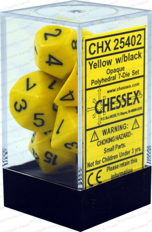 DICE (CHESSEX) #25402: Opaque Yellow with Black numbers (7 Piece Set)