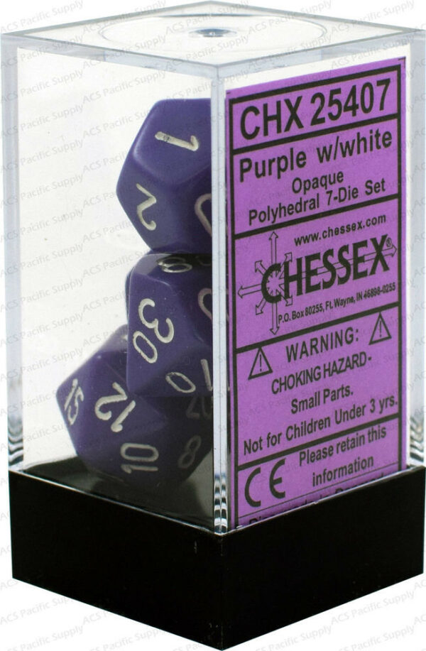 DICE (CHESSEX) #25407: Opaque Purple with White numbers (7 Piece Set)