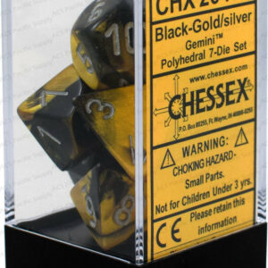 DICE (CHESSEX) #26451: Gemini Black/Gold with Silver numbers (7 Piece Set)