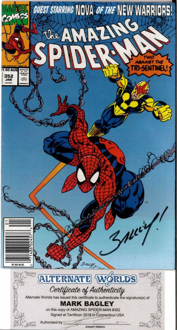 AMAZING SPIDER-MAN (1962: AUSTRALIAN PRICE VARIANT #352: Signed by Mark Bagley (COA) 9.2 (NM)