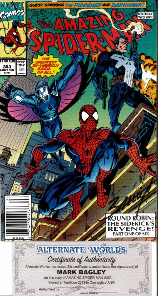 AMAZING SPIDER-MAN (1962: AUSTRALIAN PRICE VARIANT #353: Darkhawk Punisher – Signed by Mark Bagley (COA) NM