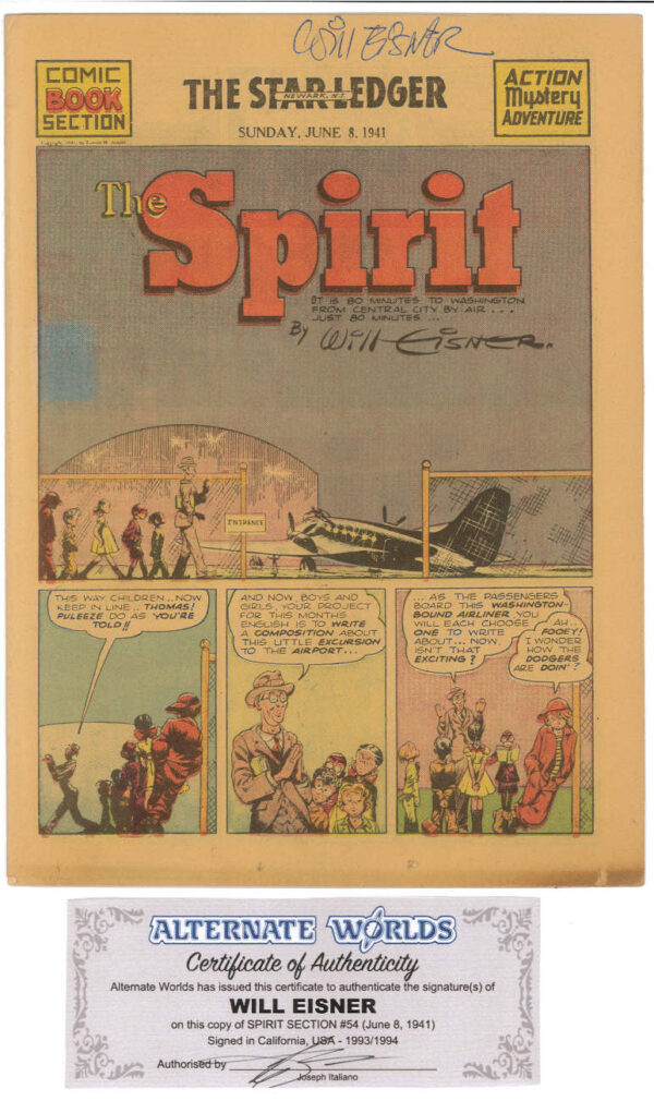 SPIRIT SECTION (1940-1952 SERIES) #54: FN Jun 8 1941 Signed Will Eisner COA inc L Luck and M Mystic