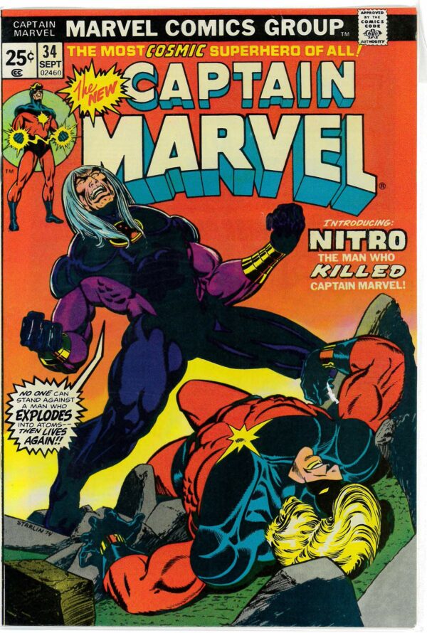 CAPTAIN MARVEL (1968-2018 SERIES) #34: 1st app Nitro & Mentor Cap gets cancer – Jim Starlin 9.6 (M)