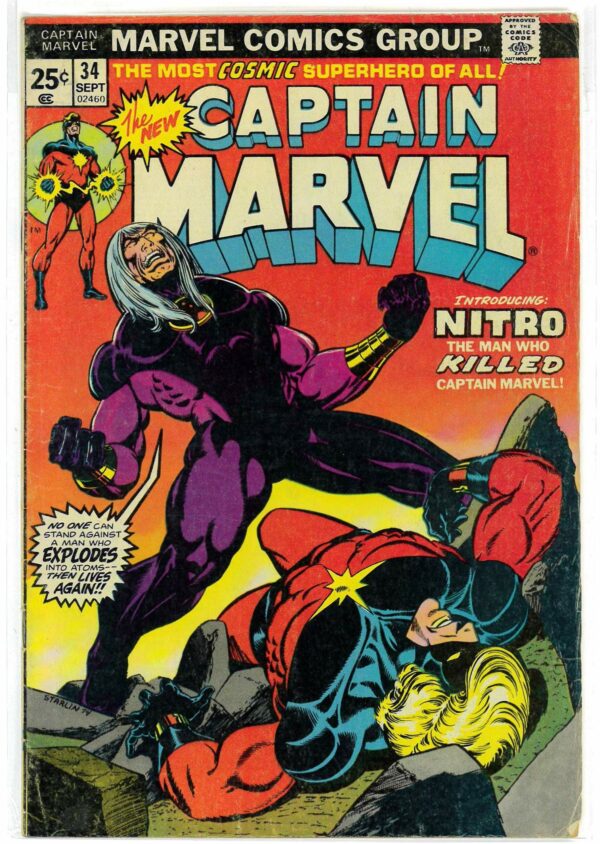 CAPTAIN MARVEL (1968-2018 SERIES) #34: 1st app Nitro & Mentor Cap gets cancer – Starlin 5.0 (VG/FN)