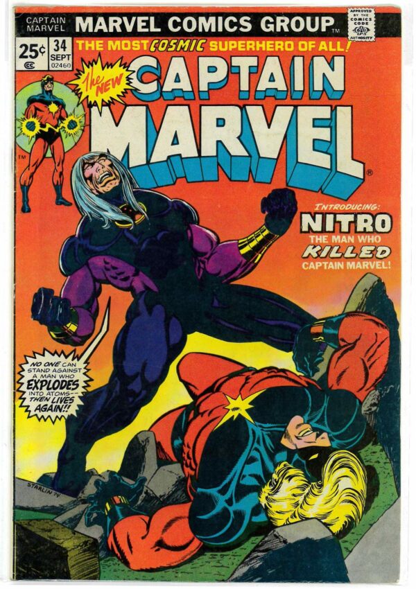 CAPTAIN MARVEL (1968-2018 SERIES) #34: 1st app Nitro & Mentor Cap gets cancer – Starlin – 7.0 (VF)