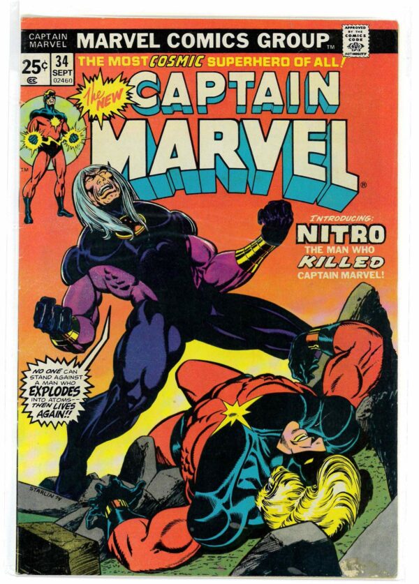 CAPTAIN MARVEL (1968-2018 SERIES) #34: 1st app Nitro & Mentor Cap gets cancer – Starlin – 5.0 VG/FN