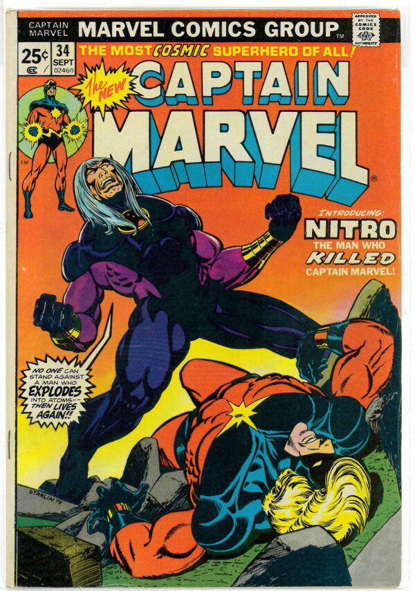 CAPTAIN MARVEL (1968-2018 SERIES) #34: 1st app Nitro & Mentor Cap gets cancer – Starlin – 8.5 (VF)