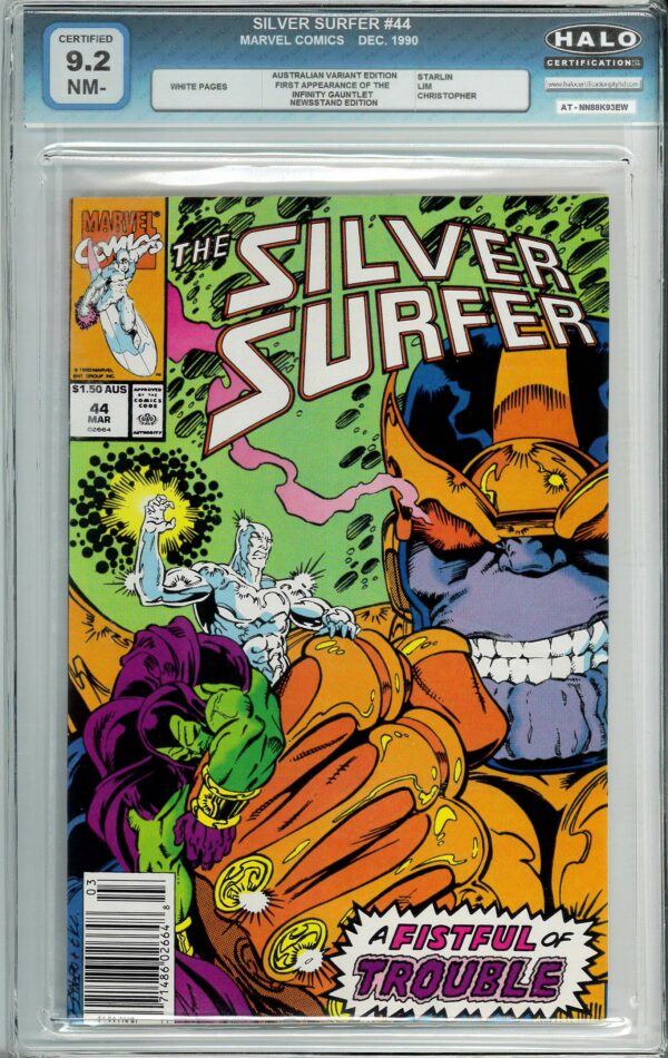 SILVER SURFER (1987: AUSTRALIAN PRICE VARIANT) #44: 1st app Infinity Gauntlet – Starlin – 9.2 Halo Graded