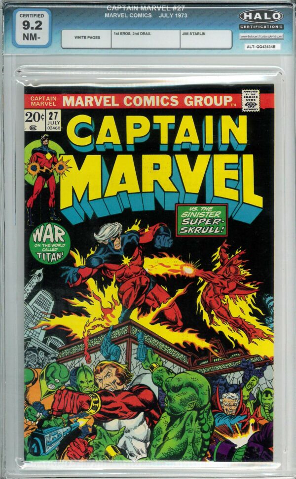 CAPTAIN MARVEL (1968-2018 SERIES) #27: 1st Eros Starfox, 2nd Drax, Thanos app: Halo Graded 9.2