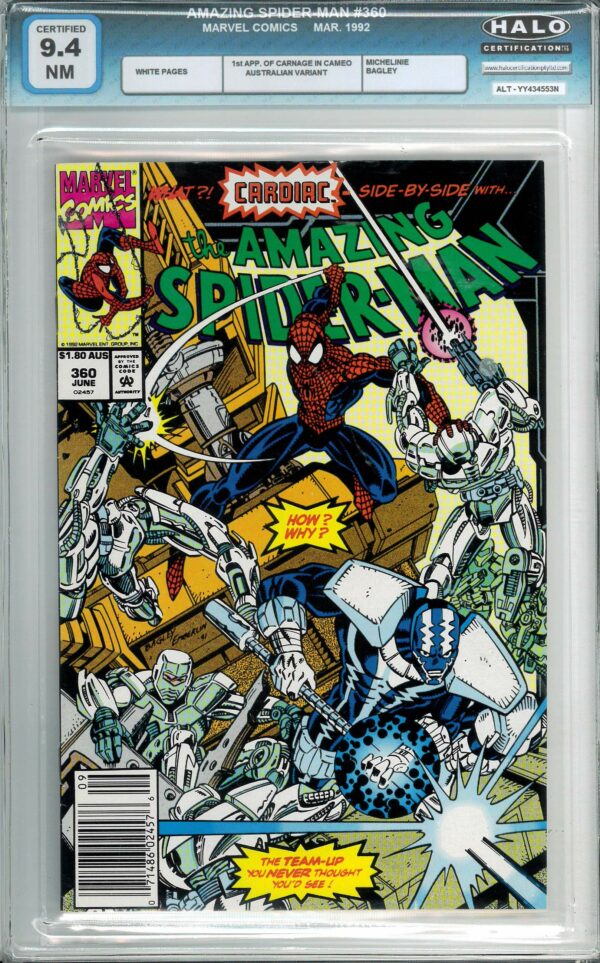 AMAZING SPIDER-MAN (1962: AUSTRALIAN PRICE VARIANT #360: 1st app Carnage Cameo – Halo Graded – 9.4 NM