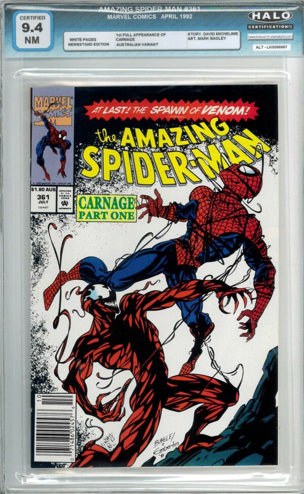 AMAZING SPIDER-MAN (1962: AUSTRALIAN PRICE VARIANT #361: 1st full app Carnage – Halo Graded – 9.4 NM