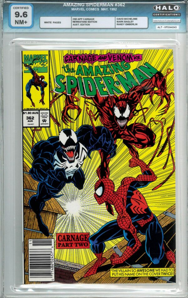 AMAZING SPIDER-MAN (1962: AUSTRALIAN PRICE VARIANT #362: 2nd full app Carnage – Halo Graded – 9.6 NM+