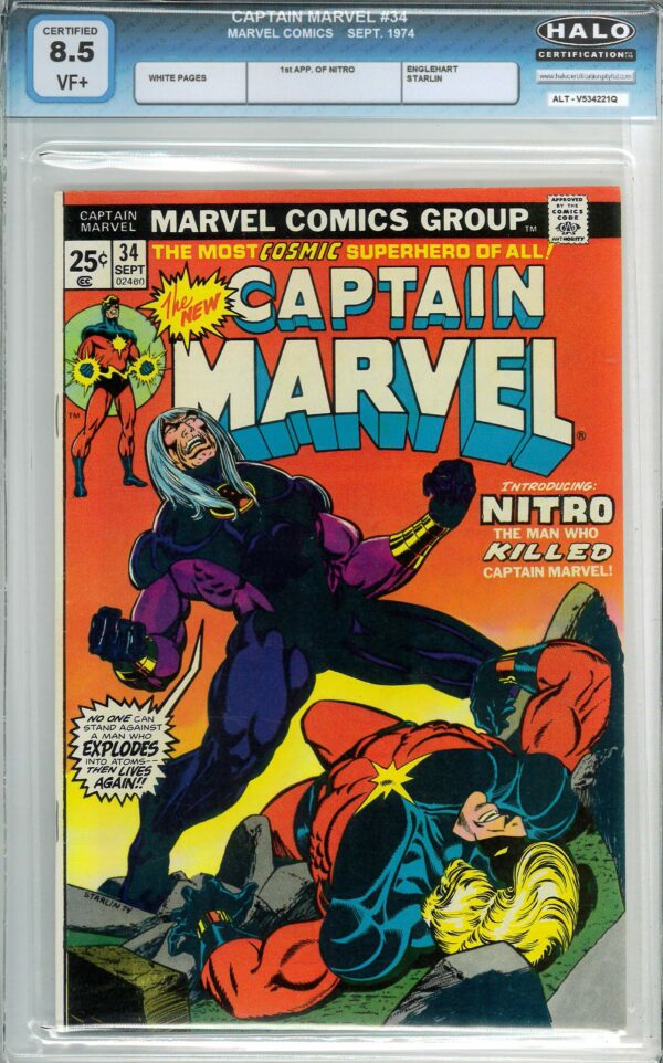 CAPTAIN MARVEL (1968-2018 SERIES) #34: 1st app Nitro & Mentor Cap gets cancer – Halo Graded 8.5