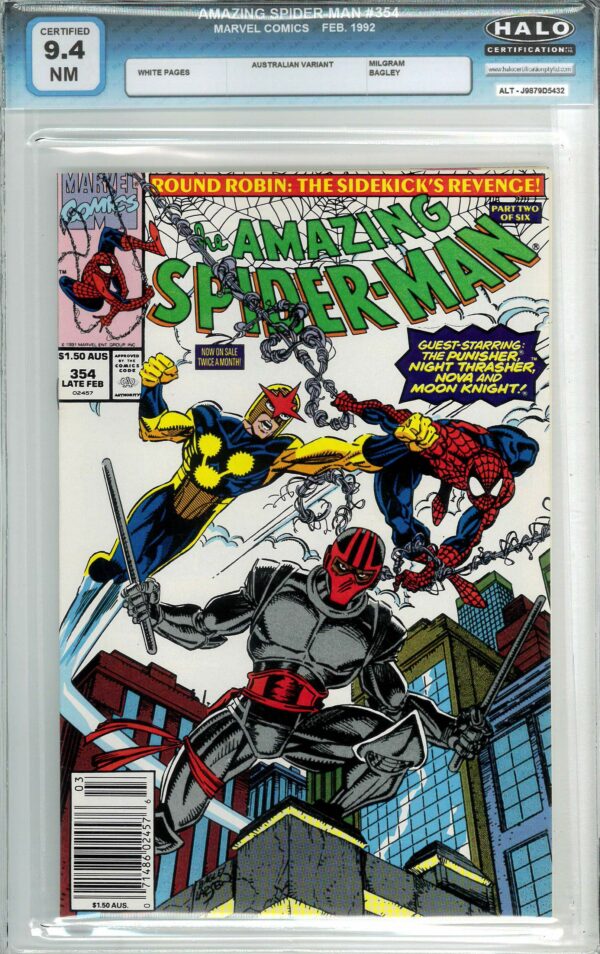 AMAZING SPIDER-MAN (1962: AUSTRALIAN PRICE VARIANT #354: Nova, Night Thrasher, Moon Knight, Punisher – Halo Graded 9.