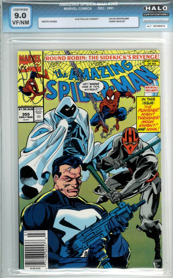 AMAZING SPIDER-MAN (1962: AUSTRALIAN PRICE VARIANT #355: Nova, Night Thrasher, Moon Knight, Punisher: Halo Graded 9.0