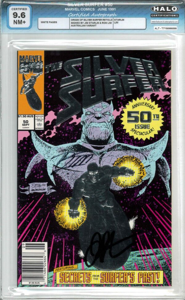 SILVER SURFER (1987: AUSTRALIAN PRICE VARIANT) #50: Halo Graded 9.6 NM: signed by Starlin & Lim: COA