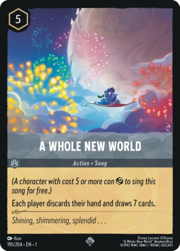DISNEY LORCANA SINGLE CARDS: FIRST CHAPTER #1: A Whole New World (Super Rare 195/204: NM)