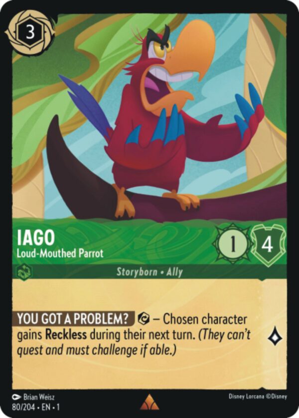 DISNEY LORCANA SINGLE CARDS: FIRST CHAPTER #174: Iago – Loud-Mouthed Parrot (Rare 80/204: NM)