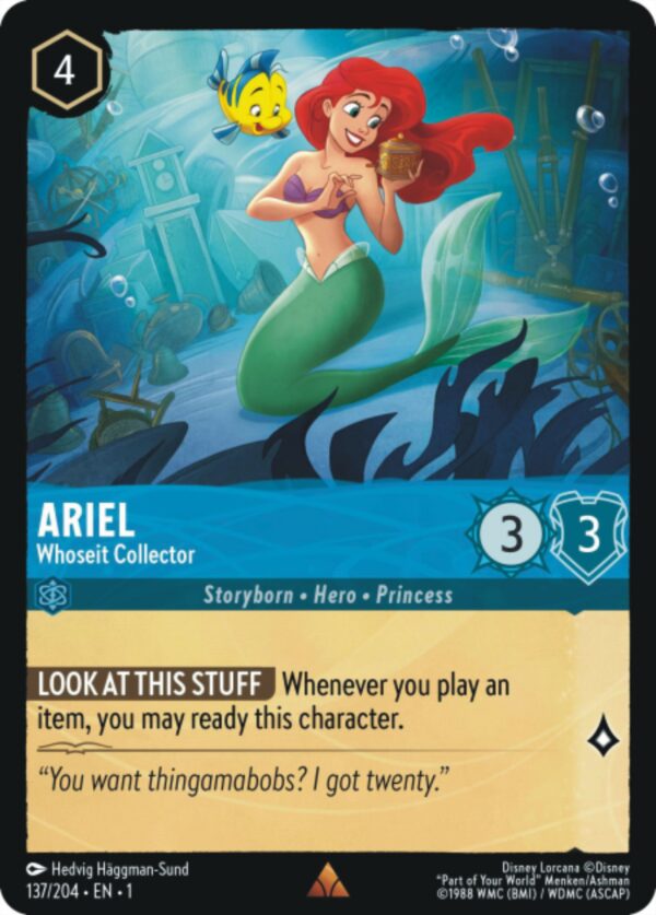 DISNEY LORCANA SINGLE CARDS: FIRST CHAPTER #22: Ariel – Whoseit Collector (Rare 137/204: NM)