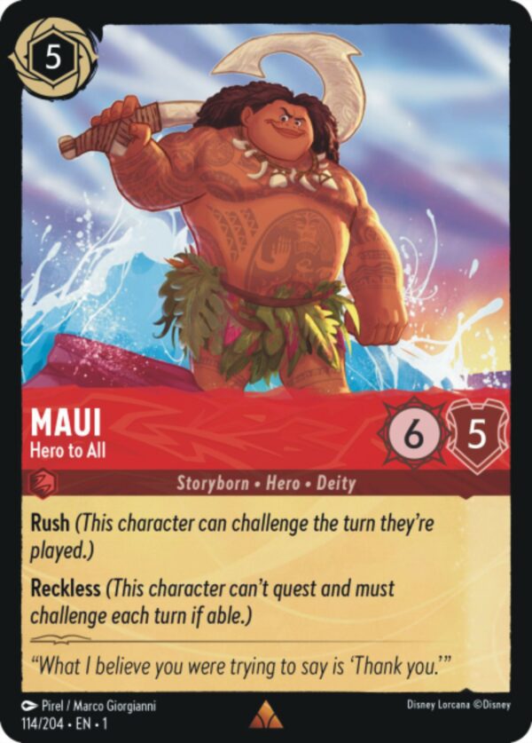 DISNEY LORCANA SINGLE CARDS: FIRST CHAPTER #238: Maui – Hero to All (Rare 114/204: NM)