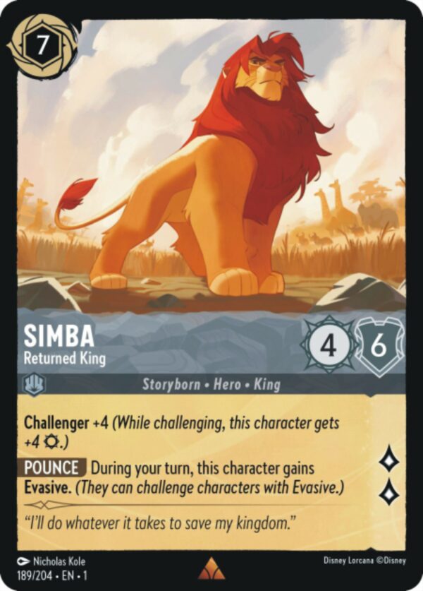 DISNEY LORCANA SINGLE CARDS: FIRST CHAPTER #350: Simba – Returned King (Rare Foil 189/204: NM)