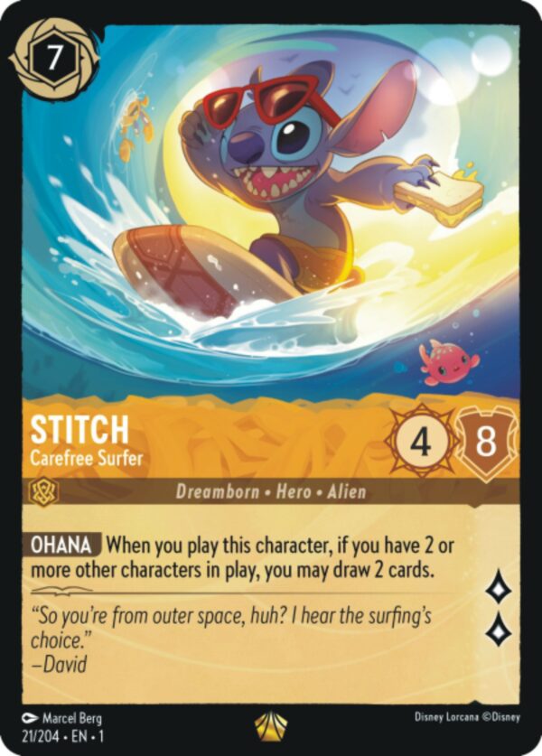 DISNEY LORCANA SINGLE CARDS: FIRST CHAPTER #364: Stitch – Carefree Surfer (Legendary 21/204: NM)
