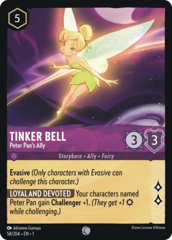 DISNEY LORCANA SINGLE CARDS: FIRST CHAPTER #404: Tinker Bell – Peter Pan’s Ally (Common 58/204: NM)