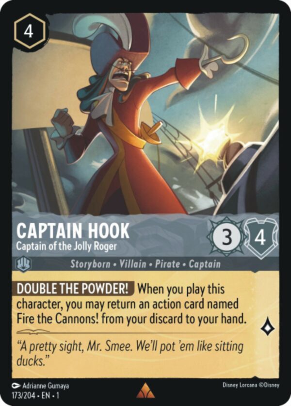 DISNEY LORCANA SINGLE CARDS: FIRST CHAPTER #52: Captain Hook – Captain of the Jolly Roger (Rare 173/204: NM)