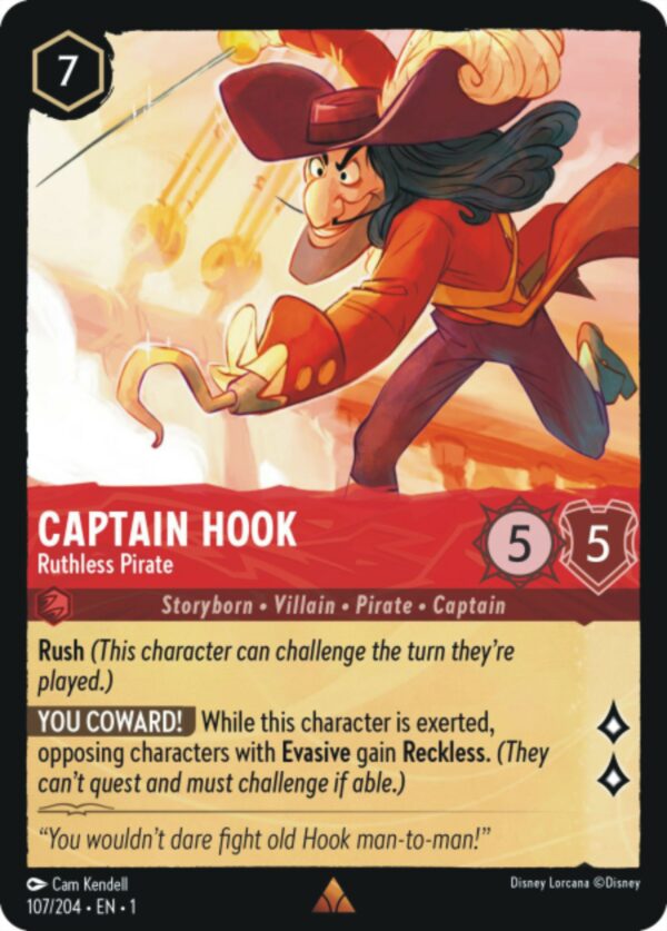 DISNEY LORCANA SINGLE CARDS: FIRST CHAPTER #56: Captain Hook – Ruthless Pirate (Rare 107/204: NM)