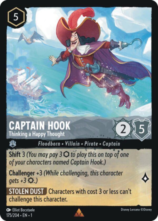 DISNEY LORCANA SINGLE CARDS: FIRST CHAPTER #58: Captain Hook – Thinking a Happy Thought (Rare 175/204: NM)