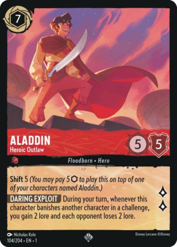 DISNEY LORCANA SINGLE CARDS: FIRST CHAPTER #7: Aladdin – Heroic Outlaw (Super Rare 104/204: NM)