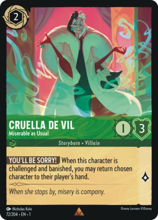 DISNEY LORCANA SINGLE CARDS: FIRST CHAPTER #73: Cruella de Vil – Miserable as Usual (Rare Foil 72/204: NM)