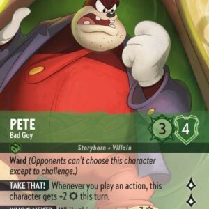 DISNEY LORCANA SINGLE CARDS: RISE OF THE FLOODBORN #296: Pete – Bad Guy (Enchanted Foil 209/204) Halo Graded 9.5