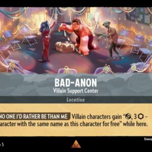 DISNEY LORCANA SINGLE CARDS: SHIMMERING SKIES #28: Bad-Anon – Villain Support Center (Rare Foil 203/204: NM)