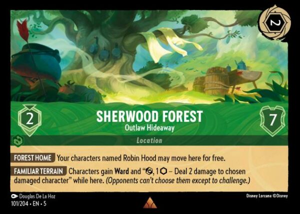 DISNEY LORCANA SINGLE CARDS: SHIMMERING SKIES #334: Sherwood Forest – Outlaw Hideaway (Rare 101/204: NM)