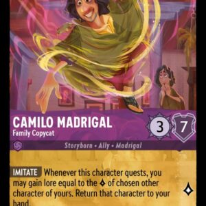 DISNEY LORCANA SINGLE CARDS: SHIMMERING SKIES #48: Camilo Madrigal – Family Copycat (Legendary 58/204: NM)