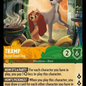 DISNEY LORCANA SINGLE CARDS: ARCHAZIA’S ISLAND #398: Tramp – Street-Smart Dog (Rare Foil 10/204: NM)